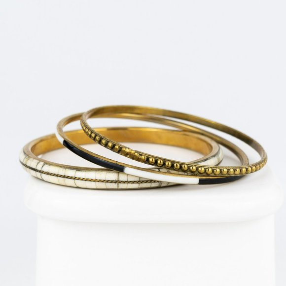COPY - Lot of 3 Bangle Bracelets Boho Brass Inlaid Bone Black White Enamel Text… - Picture 1 of 9
